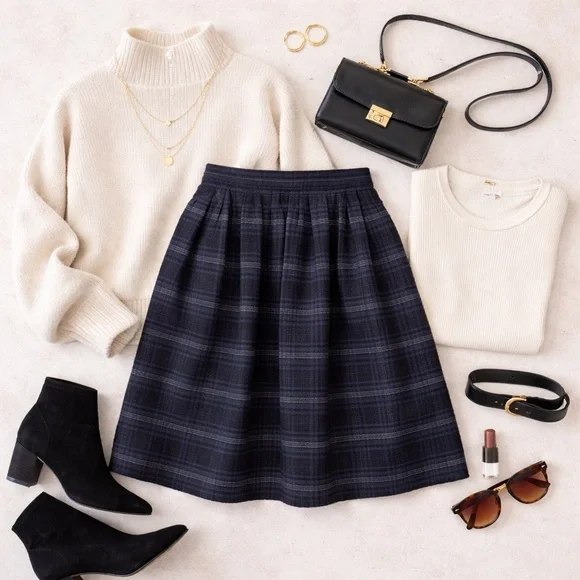 Black Plaid A Line Knee Length Skirt Womens 8 - Picture 3 of 10